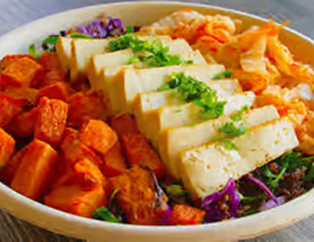 Colorful vegan dish with tofu