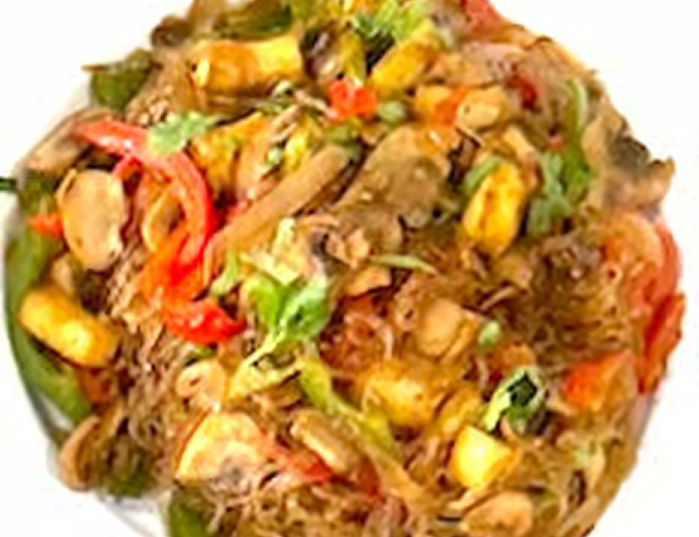 Colorful vegetable noodle stir-fry dish
